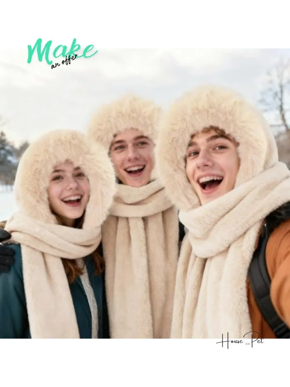 Faux Fur Hooded Scarf Hat Gloves 3 in 1 Winter Set